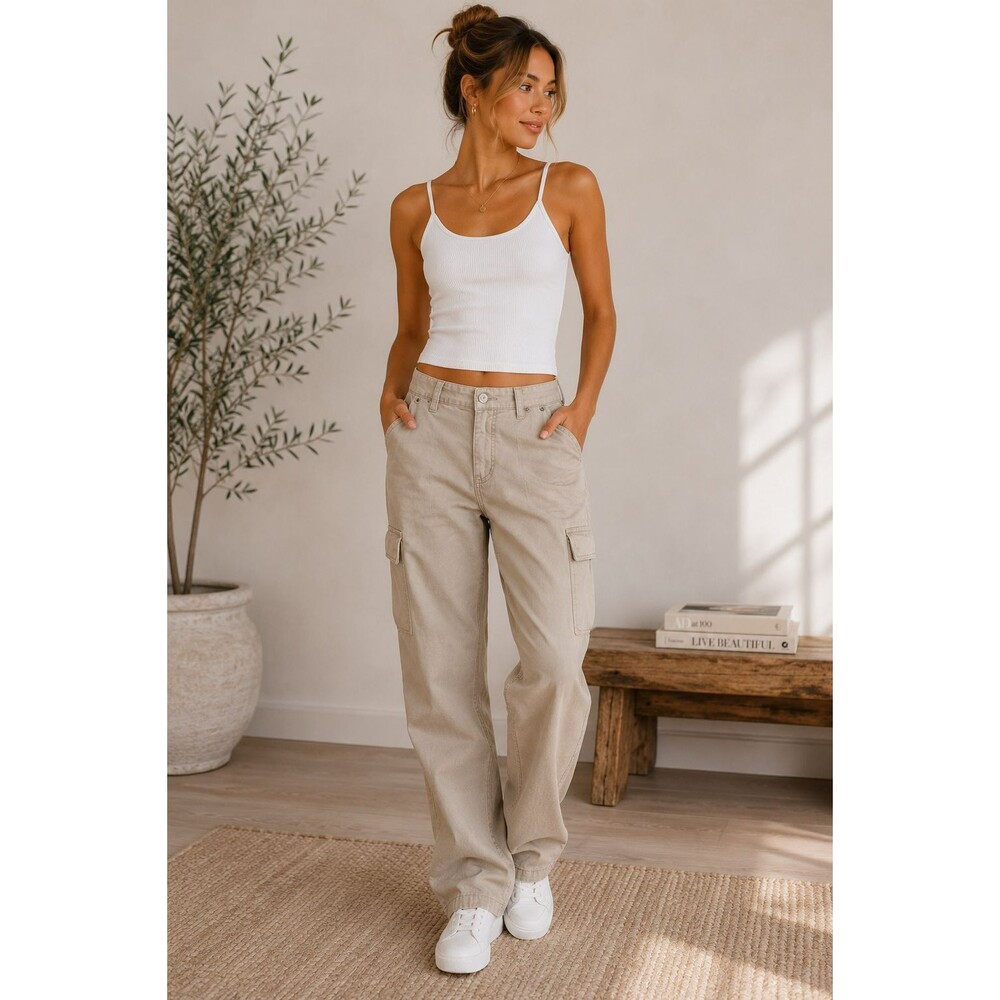Y2K Khaki Cargo Pants Low Rise Utility Wide Leg Beige 2000s Streetwear